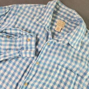 Jos A Bank 100% Linen Shirt Mens‎ XL Blue checkered button up Long Sleeve